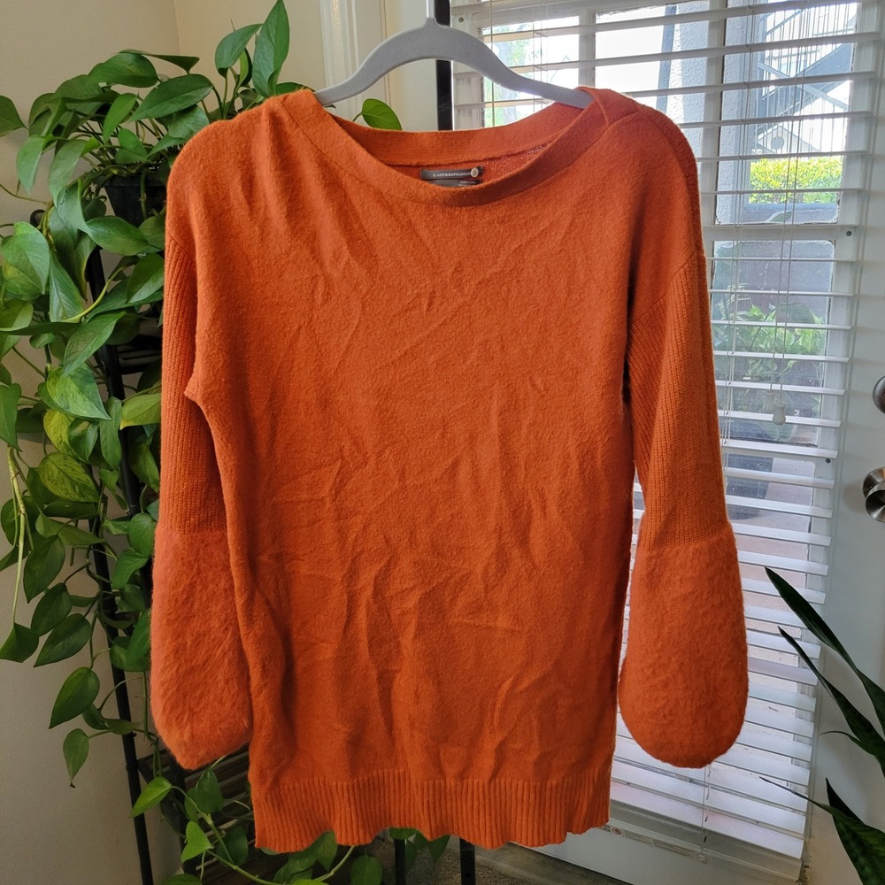 Anthropologie Burnt Orange Mixed Knit Puff Sleeve Sweater Small